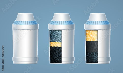 Water filter pitcher cartridge. Water filter equipment with layers for cleaning and purification