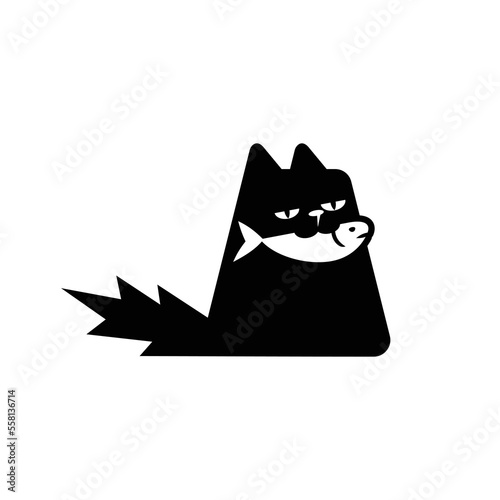 Black cat bite fish illustration.