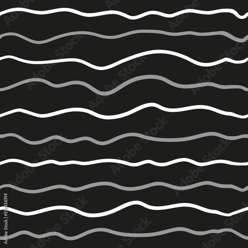 Wave line seamless pattern. Vector illustration isolated on black background. Black and white.