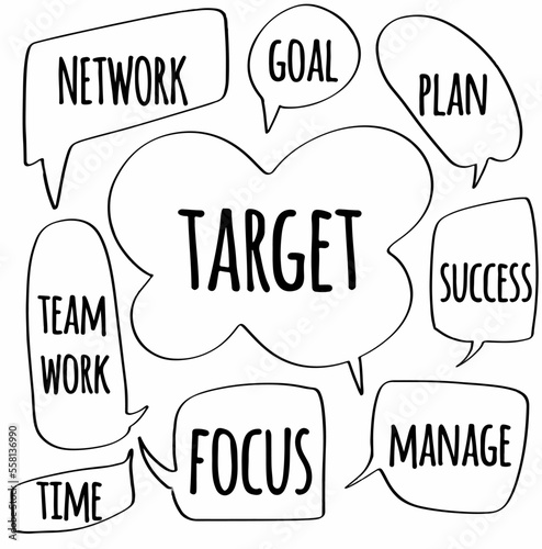 set hand drawn speech bubbles of NETWORK, GOAL, TEAM WORK, TARGET, FOCUS, PLAN, SUCCESS, MANAGE, TIME. vector design illustration
