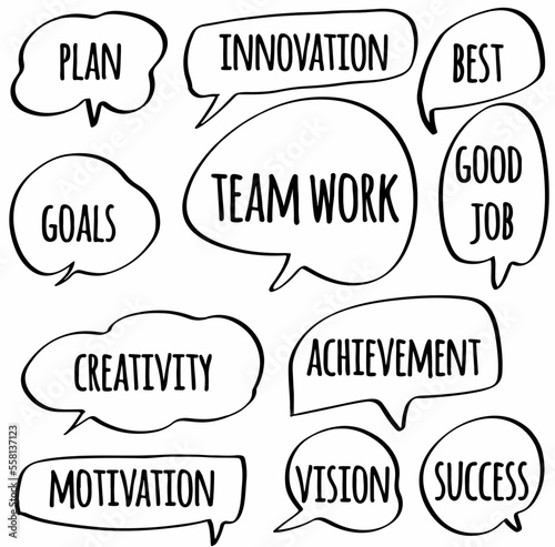 set hand drawn speech bubbles of PLAN, INNOVATION, TEAM WORK, BEST, GOOD JOB, GOALS, CREATIVITY, ACHIEVEMENT, MOTIVATION, VISION, SUCCESS. vector design illustration