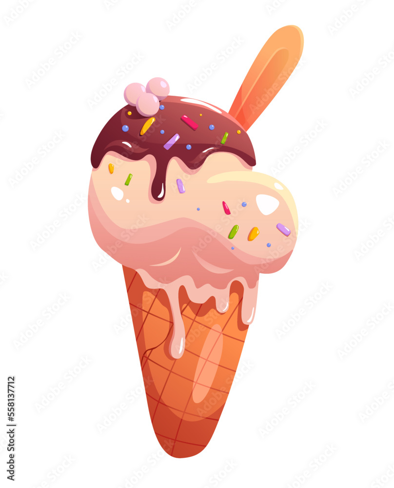 Ice cream with waffle tube isolated on a white background. Vector illustration in cartoon style. Ice cream with waffle tube isolated on a white background. Vector illustration in cartoon style.
