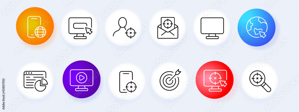 Target add icon set. Advertising, statistics, rating, popular brands, for business. Business concept. Neomorphism style. Vector line icon for Business Target add icon set. Advertising, statistics, rating, popular brands, for business. Business concept. Neomorphism style. Vector line icon for Business