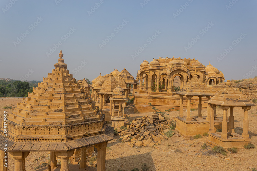 The Beautiful Architecture of Bada Bagh, The Royal Cenotaphs of Jaisalmer King, Golden Marble Architecture, Jaisalmer, Rajasthan, India. The Beautiful Architecture of Bada Bagh, The Royal Cenotaphs of Jaisalmer King, Golden Marble Architecture, Jaisalmer, Rajasthan, India.
