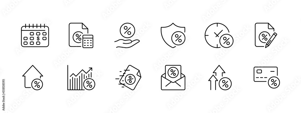Discounts icon set. Agreement, discount, rent, real estate, loan, cashback, calculator, earnings, time, annual, card, banking system, deposit, file. Money concept. Vector line icon on white background