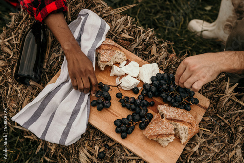 Top view of food is isolated on a picnic wooden board. Grapes, cheese, and bread outdoors.