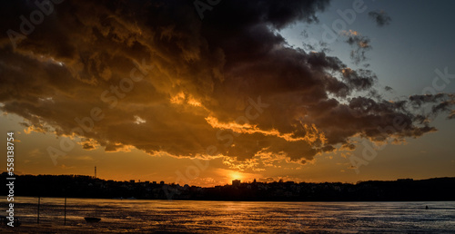 beautiful panorama of the sunset over the lake in the crisis, an incredibly b...