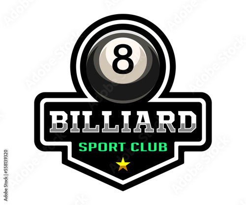 Billiard logo. Black ball color with the number eight. 8. Pool game. Snooker.