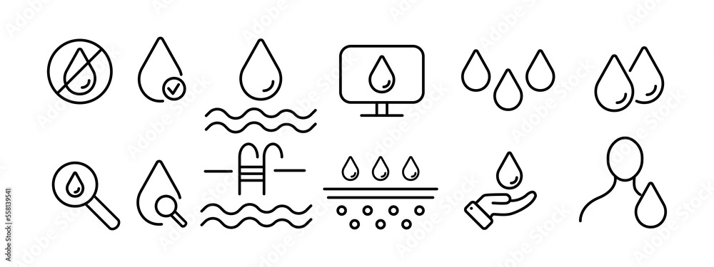 Water drop icon set. Sea, liquid, river, skin hydration, thirst, drink, ocean, drop, moisture, rain, pool. H2O concept. Vector line icon on white background Water drop icon set. Sea, liquid, river, skin hydration, thirst, drink, ocean, drop, moisture, rain, pool. H2O concept. Vector line icon on white background