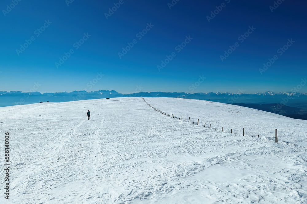 Woman hiking along fence on snow covered alpine meadow near Ladinger Spitz, Saualpe, Lavanttal Alps, Carinthia, Austria, Europe. Trekking in Austrian Alps in winter. Ski touring and snow shoe tourism