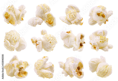 Popcorn isolated. Collection of fresh popcorn flakes on a white background.