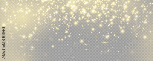 Realistic vector falling golden snow fall overlay. Shining snowflakes on transparent. Stock royalty free vector illustration