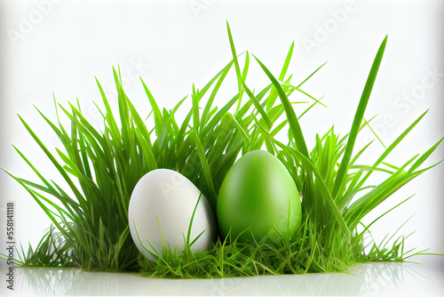 Eggs in green grass on white egg