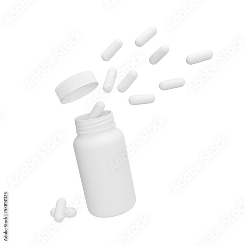 white pills in a white bottle isolated. Pills splash out of the bottle. 3d rendering