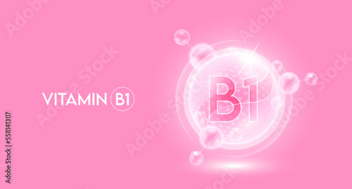 Vitamin B1 and bubble atom molecule collagen serum chemical formula shield protection skin. Skincare anti age nutrition supplement multivitamin complex. On pink background. 3D vector.