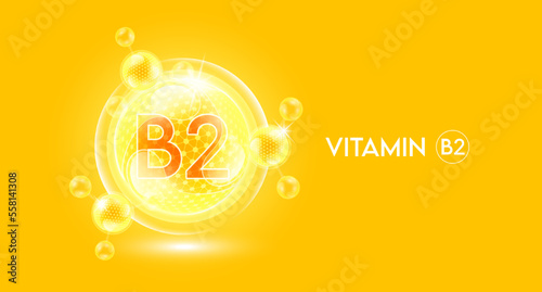 Vitamin B2 and bubble atom molecule collagen serum chemical formula shield protection skin. Skincare anti age nutrition supplement multivitamin complex. On yellow background. 3D vector.