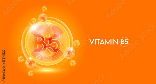Vitamin B5 and bubble atom molecule collagen serum chemical formula shield protection skin. Skincare anti age nutrition supplement multivitamin complex. On orange background. 3D vector.
