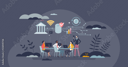Fintech services as financial technology for web money tiny person concept. Using digital bank app for transactions or accounting vector illustration. Smart and safe financial banking management.