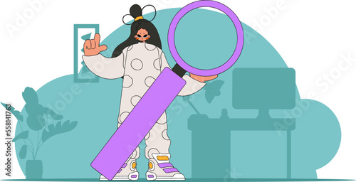 Concept Finding the necessary information on the Internet. The man is holding a magnifying glass. Linear retro style character.