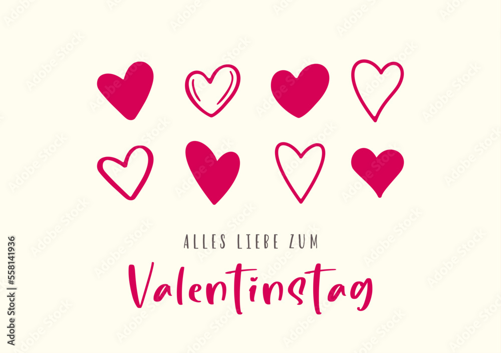 Happy Valentine's Day in German (Alles Liebe zum Valentinstag). Modern card design. Cartoon. Vector illustration