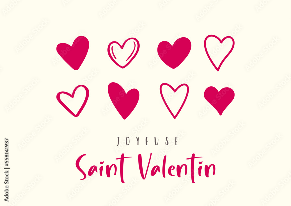 Happy Valentine's Day in French (Joyeuse Saint Valentin). Modern card design. Cartoon. Vector illustration