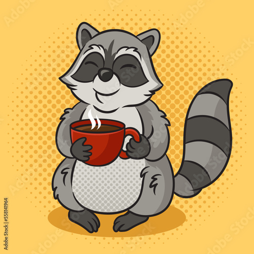 cartoon raccoon with cup of hot coffee in paws pinup pop art retro vector illustration. Comic book style imitation.