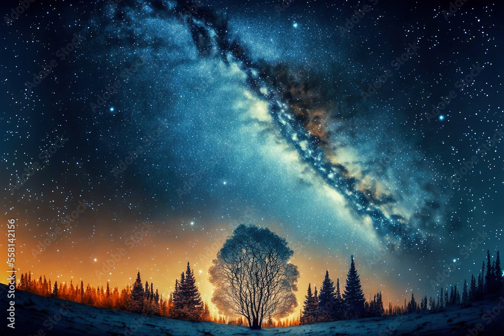 Starry sky with blue Milky Way. Night landscape with tree against