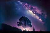 Starry sky with blue Milky Way. Night landscape with tree against colorful milky way. Amazing galaxy. Nature background with beautiful universe. Digital artwork