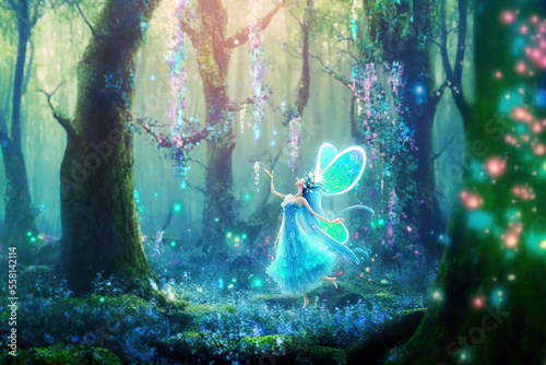 Dancing fairy in an enchanted magical forest. Digital artwork	
