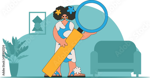 Concept Finding the necessary information on the Internet. The guy is holding a magnifying glass. Linear retro style character.