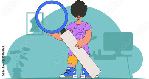 Concept Finding the necessary information on the Internet. A man holds a magnifying glass in his hands. Linear retro style character.