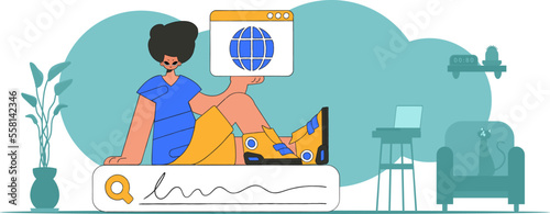 Concept Finding the necessary information on the Internet. A man sits on a search bar and holds a browser window in his hands. Linear retro style character.