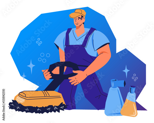Floor polishing and wood parquet flooring renovation. Worker with industrial floor polishing and cleaning machine, flat isolated vector illustrationarquet flooring renovation. Home renovation service.