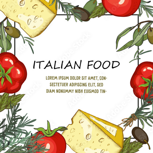 Italian food banner or card mockup for food packaging labels and restaurant menu template, hand drawn vector illustration isolated on white. Italian Parmesan cheese, herbs, olives and tomato.