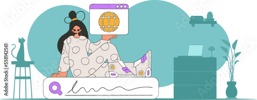 Concept Finding the necessary information on the Internet. The girl sits on the search line and holds a browser window in her hands. Retro style character.
