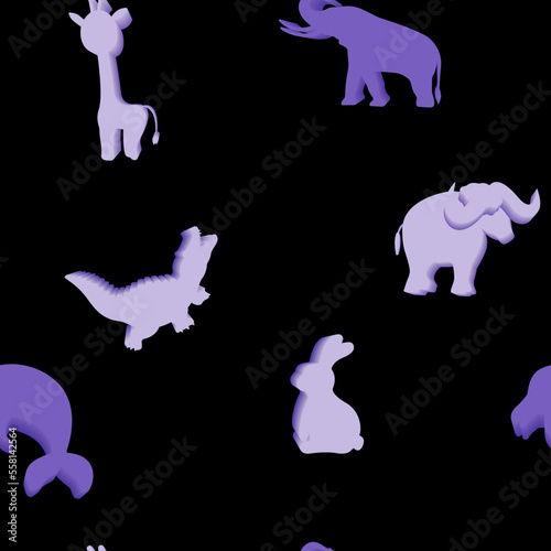 Animal seamless pattern. 3D silhouettes of giraffe, elephant and yak, alligator, crocodile, rabbit and dolphin. Purple print. Packaging template, textiles, bed linen and wallpaper.