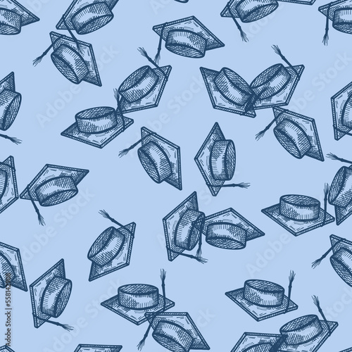 Graduate hat engraved seamless pattern. Vintage element education in hand drawn style. Sketch texture for fabric, wallpaper, textile, print, title, wrapping paper. Vector illustration.