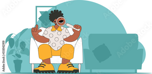 Concept Finding the necessary information on the Internet. A man holds a magnifying glass in his hands. Linear retro style character.