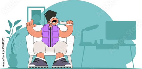 Concept Finding the necessary information on the Internet. The guy is holding a magnifying glass. Retro style character.