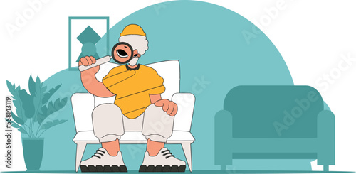 Concept Finding the necessary information on the Internet. The guy is holding a magnifying glass in his hands. Retro style character.