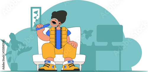 Concept Finding the necessary information on the Internet. The guy is holding a magnifying glass in his hands. Linear retro style character.