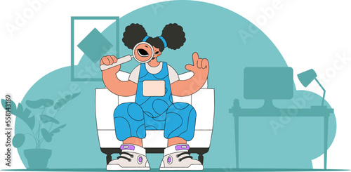 Concept Finding the necessary information on the Internet. The guy is holding a magnifying glass in his hands.