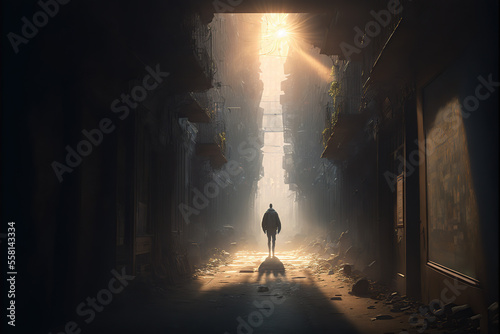 a man alone in an abandoned street. afternoon sun