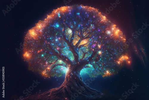 Foto divine tree with glitter glow light, tree of the universe, tree of life