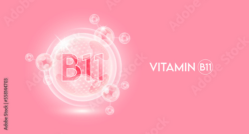 Vitamin B11 and bubble atom molecule collagen serum chemical formula shield protection skin. Skincare anti age nutrition supplement multivitamin complex. On pink background. 3D vector.