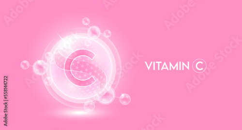 Vitamin C and bubble atom molecule collagen serum chemical formula shield protection skin. Skincare anti age nutrition supplement multivitamin complex. On pink background. 3D vector.