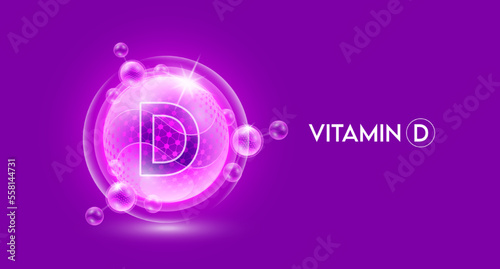 Vitamin D and bubble atom molecule collagen serum chemical formula shield protection skin. Skincare anti age nutrition supplement multivitamin complex. On purple background. 3D vector.