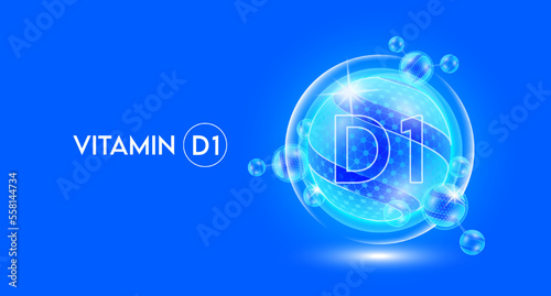 Vitamin D1 and bubble atom molecule collagen serum chemical formula shield protection skin. Skincare anti age nutrition supplement multivitamin complex. On blue background. 3D vector.
