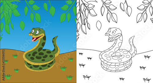 Cute cartoon snake coloring page with line art vector illustration