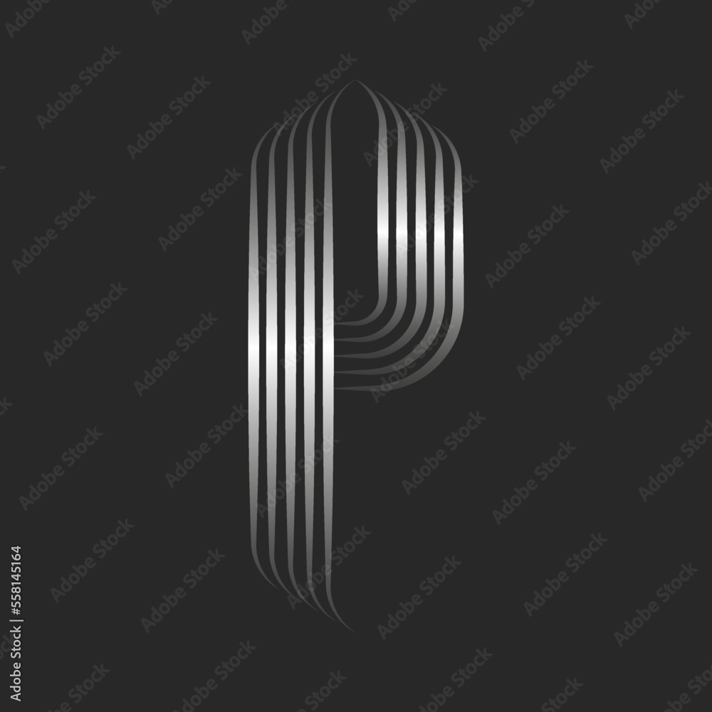Monogram P letter logo linear emblem, 3d effect silver gradient
